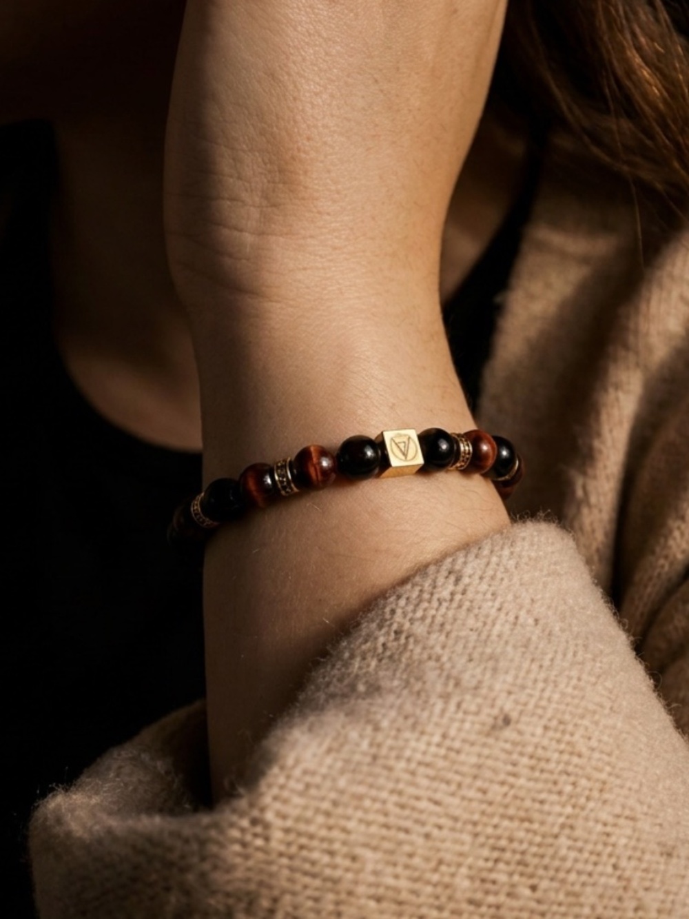 Altius Brown Agate 8mm Bead Stretch Bracelet w/ Gold Spacers — Handmade NWT